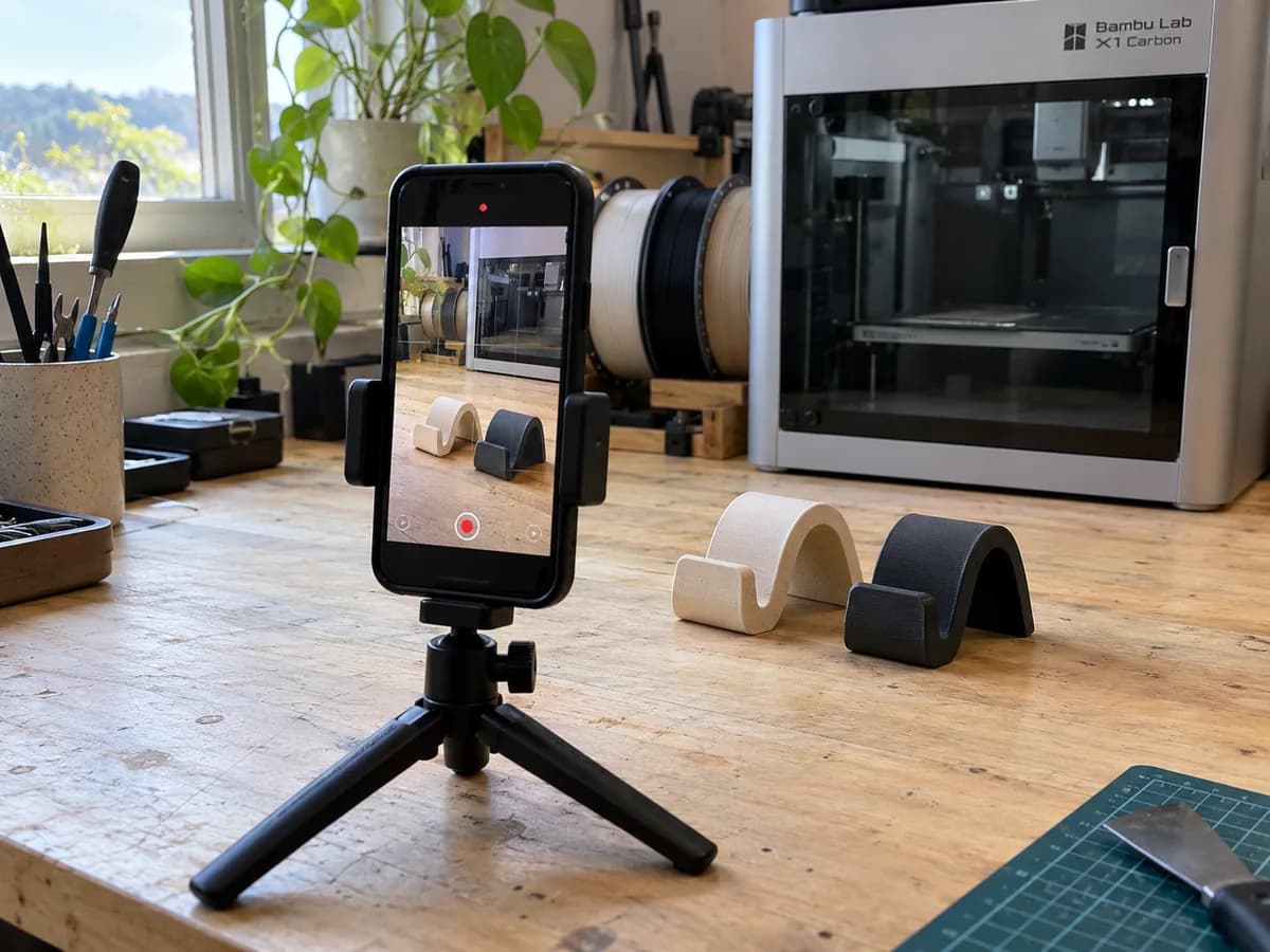 Un téléphone sur trépied filme des objets imprimés en 3D sur un établi.