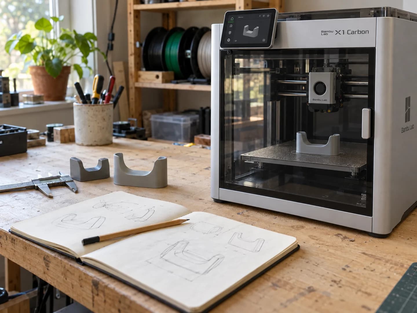 Vue illustrative d’un établi avec des croquis, des prototypes et une imprimante Bambu Lab X1 Carbon